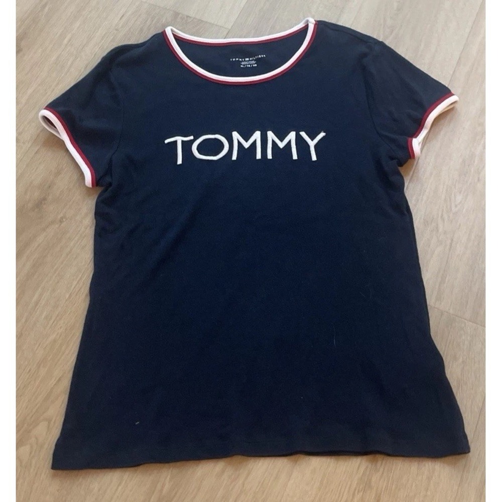 Tommy Hilfiger Women's XL Blue Short Sleeve Cotton Logo Shirt w/Color Piping